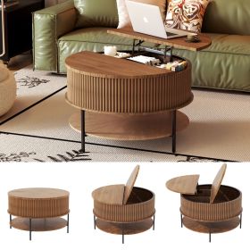31.5 Inch Farmhouse Brown Lift Top Coffee Table, Round Storage Cocktail Table with Sturdy Steel Legs, Safe Round Design for Living Room, Office