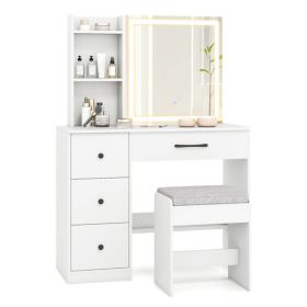 White Vanity Desk and Stool Set with Sliding Mirror & 3-Mode LED Light Strip, Anti-Toppling Dressing Table with Ample Storage
