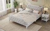 Traditional Style Solid Wood Bed Frame with Upholstered Tufted Headboard,No Box Spring Needed,King Size, Antique White