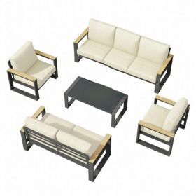 All-Weather 5-Piece Ultra Aluminum Patio Furniture Set, 7-Seat Conversation Sofa with 10 Inches Extra thick Beige Back Cushions and Glass Table