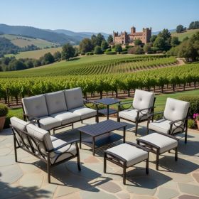 8-Piece Metal Patio Furniture Set, 9-Seat All-Weather Conversation Sofa with 4 Inches Thick Gray Cushions, Black Frame, Coffee Table, Side Table