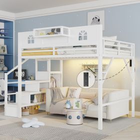 Queen Size Loft Bed with Stairs, Metal Queen Loft Bed with High and House Shaped Guardrails, High Loft Bed with Wardrobe for Kids Teens