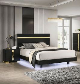 Modern Black 3pc Bedroom Set Eastern King Size Bed w LED 2x Nightstands Mattress Ready Furniture Acrylic Trim