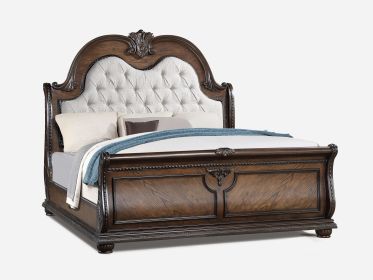 1pc Traditional Style Faux Leather Upholstered Headboard Button Tufted Formal Bedroom Furniture Formal King Sleigh Bed Coffee Brown Finish