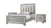 Modern Queen Size Panel Bed Nightstand 3pc Set Integrated Led Lighting Tufted Headboard Wood Grain Soft Gray Finish Wooden Solid Wood Furniture