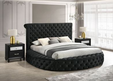 Unique Round Plush Black Velvet Button-Tufted Detailing Storage Bed King Size Black 2x Nightstands Wooden Bedroom Furniture 3pc Set