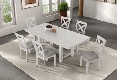 Contemporary 7pc Dining Set White Oak Table w Leaf 6x Side Chairs Cross Back Cushion Seat Chair