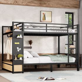 Queen over Queen size Metal Bunk Bed for Teens with Storage Shelves ,Drawers and Pegboard,Black