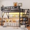Full Size Loft Bed with Stairs, Metal Full Loft Bed with Light and Storage, High Loft Bed with Wardrobe and Storage for Kids Teens Adults