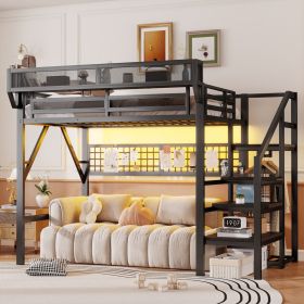 Full Size Loft Bed with Stairs, Metal Full Loft Bed with Light and Storage, High Loft Bed with Wardrobe and Storage for Kids Teens Adults