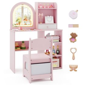 2-in-1 Kids Vanity & Writing Desk Set - LED Lighted Shatterproof Mirror (3 Color Modes), Pink