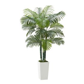VEVOR Artificial Areca Palm Tree 6 ft, Fake Palm Tropical Plants with White Tall Planter, Faux Floor Silk Plant in Pot