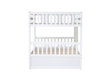 Full Over Full Rubber Wood Bunk Bed with Trundle, Ladder and Guardrails, Convertible to 2 Full Size Beds, with Twin Size Trundle,White