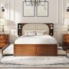 Queen Size Rattan Headboard Bed with Two Drawers and Trundle, Walnut