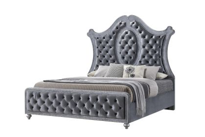 1pc King Panel Bed Tufted Headboard Luxurious Upholstery and Intricate Nailhead Trim Diamond-patterned Tufted Accent Modern Luxury Gray Silver