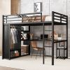 Queen Size Loft Bed Frame with Built-in Wardrobe, Metal Loft Bed with Desk and Storage Shelves, Black