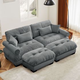 Over Size Modern Two-seater Sofa with Ottoman, Velvet 2-Seater with Round Bolster Armrests,With Waist Pillow and Throw Pillows, Reading Room Grey
