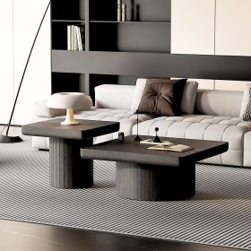 Modern Wood Nesting Coffee Table Set, 2-Piece Coffee Table with Cylindrical & Fluted Pedestal