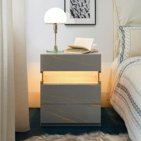 LED Nightstands 3 Drawer Dresser for Bedroom End Table with Acrylic Board LED Bedside Tables for Bedroom Living Room Bedside Furniture (Grey+Gold)