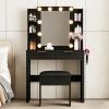 Makeup Vanity Desk with 10 Hollywood Bulbs, Fluted Dressing Table with Charging Station, 2 Drawers and 4 Open Shelves, Hairdryer Holder