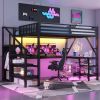 Metal Queen Loft Bed with Wardrobe and LED Light, Queen Size Loft Bed with L Shaped Desk and USB for Kids Teens Adults, Black(Old SKU W2593S00043