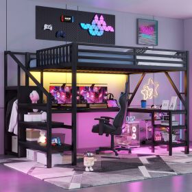 Metal Queen Loft Bed with Wardrobe and LED Light, Queen Size Loft Bed with L Shaped Desk and USB for Kids Teens Adults, Black(Old SKU W2593S00043