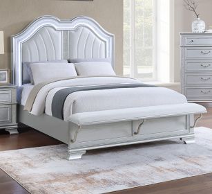 Cotemporary Elegant Queen Size Bed w Built-in Footboard Bench Upholstered HB USB 1pc Bed Gray Finish