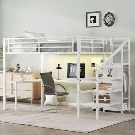 Queen Size Loft Bed with L-shaped Desk and USB, Metal Loft Bed with Wardrobe and Adjustable Shelf, High Loft Bed with LED for Kids Teens Adults, White