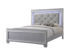 1pc Modern Queen LED Faux Leather Upholstery Panel Bed Beveled Mirror Accents Textured Footboard Silver Beige Finish