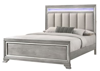 1pc King Size Panel Bed Integrated Led Lighting Tufted Headboard Wood Grain Soft Gray Finish Wooden Solid Wood Furniture
