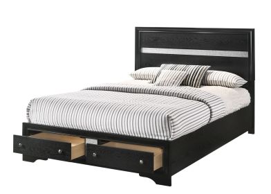 1pc King Platform Bed Storage Drawers Shimmering Silver Accent Black Silver Finish Solid Wood