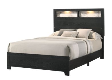 1pc Queen Size Panel Bed Headboard with LED Sleek Sloping Design Extra Storage Space Black Finish Wooden Furniture