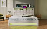 Queen size Upholstered Platform bed with a Hydraulic Storage System, LED and USB Charging, Natural (without mattress)