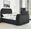 1pc Luxurious Comfort Innovative Design King Bed Deeply Tufted Headboard Upholstered Black Velvet Television Lift Built-in Electric Fireplace Bedroom