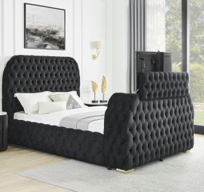 1pc Luxurious Comfort Innovative Design King Bed Deeply Tufted Headboard Upholstered Black Velvet Television Lift Built-in Electric Fireplace Bedroom