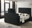 1pc Luxurious Queen Size Bed Deeply Tufted Headboard Nail Head Trim Upholstered Black Velvet Footboard Integrated Television Lift Mechanism Storage Fu