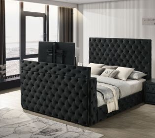1pc Luxurious King Size Bed Deeply Tufted Headboard Nail Head Trim Upholstered Black Velvet Footboard Integrated Television Lift Mechanism Storage Fur