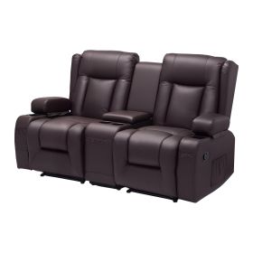 Loveseat Recliner Sofa, Manual Reclining Couch with Center Console, PU Faux Leather Recliner Sofa with USB Ports, Cup Holders and Storage Bags