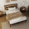 Dark walnut wood painted finish + rattan and pine wood double headboard full size wooden bed, Bohemian style