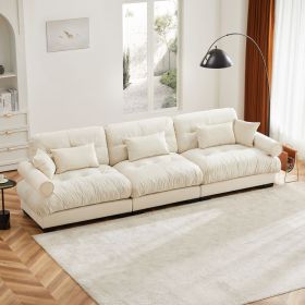 Extra Large 3 Seat Modern Velvet Sofa, Oversize Sofa, Clould Like Comfortable Seat and Back Support, With Waist Pillows and Throw Pillows, Cream