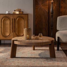 Wood Round Coffee Table for Living Room, Rustic Natural Coffee Table for Apartment, Easy Assembly