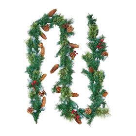 Christmas Garland, 9-Ft Artificial Christmas Garland with Light String, Faux Greenery Decoration with Berry Clusters, Pine Needles, Pine Cones