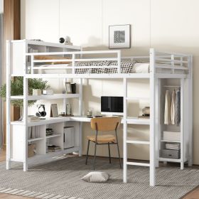 Metal Loft Bed with Wardrobe And L-shaped Desk, Queen Size Loft Bed with Storage Cubes and Shelves, Heavy Duty Loft Bed for Kids Teens Adults, White
