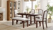 6-Piece Dining Table Set, 60inch to 78inch Extendable Wood Dining Table with Removable Leaf, Kitchen Table Set with 4 Upholstered Side Chair and Bench