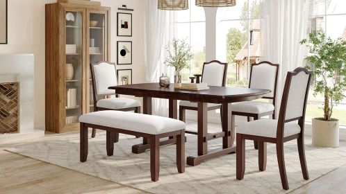 6-Piece Dining Table Set, 60inch to 78inch Extendable Wood Dining Table with Removable Leaf, Kitchen Table Set with 4 Upholstered Side Chair and Bench