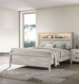 Simple Bedroom 1pc King Size Bed w Headboard Shelves and Light White Wash Contemporary Furniture
