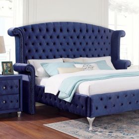 Glamorous Blue 1pc Queen Size Bed Velvet Like Fabric Tufted Wingback Headboard Bedroom Furniture