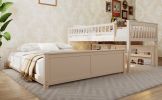 Twin XL over Queen Bunk Bed with Integrated Shelving, Color-Changing Lights and Pegboard, Beige