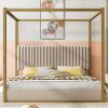 King Size Upholstery Canopy Platform Bed with Headboard and Metal Frame, Beige
