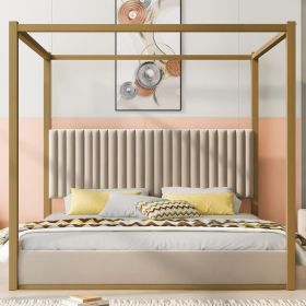 King Size Upholstery Canopy Platform Bed with Headboard and Metal Frame, Beige